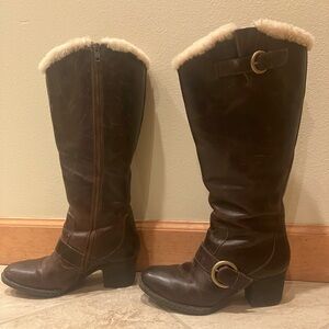 Born Dark Brown Heeled Boots with Buckle and Cream Trim